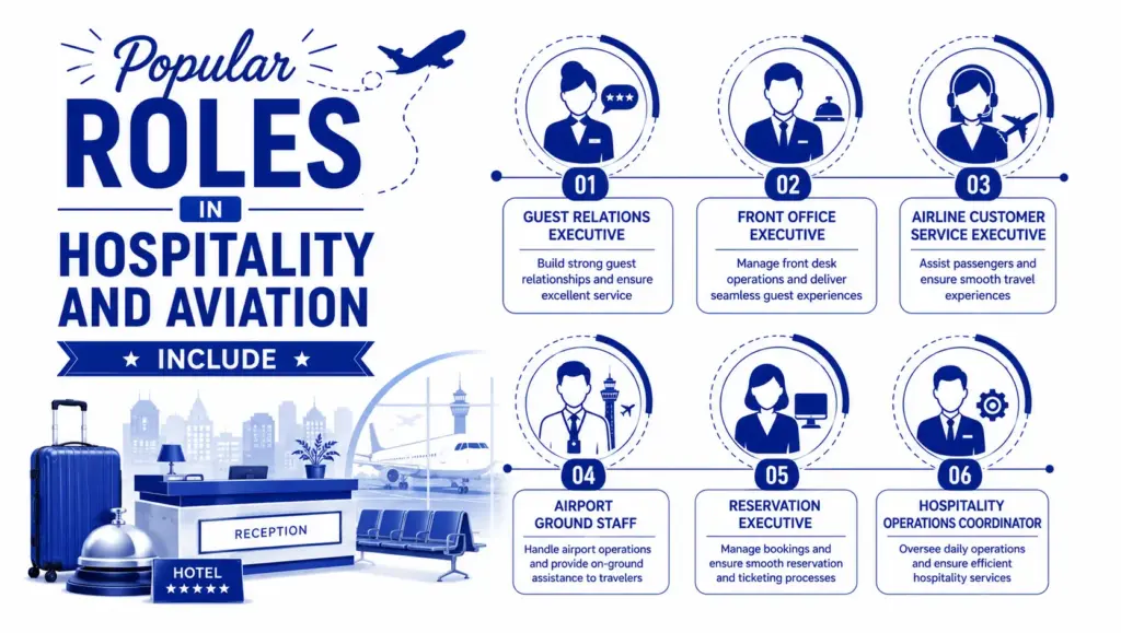 Popular roles in hospitality and aviation include